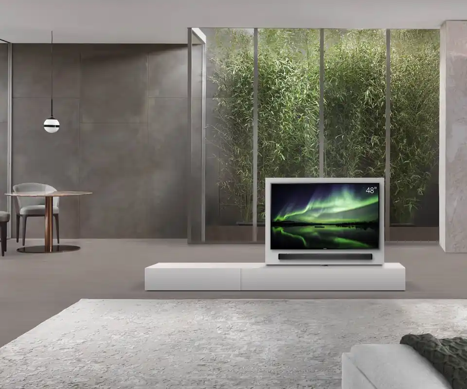 Lage Prijs Livitalia Roto lowboard ruimteverdeler met draaibaar TV-paneel-B150-50-H25-T47-ArticoM-B90li-oBox