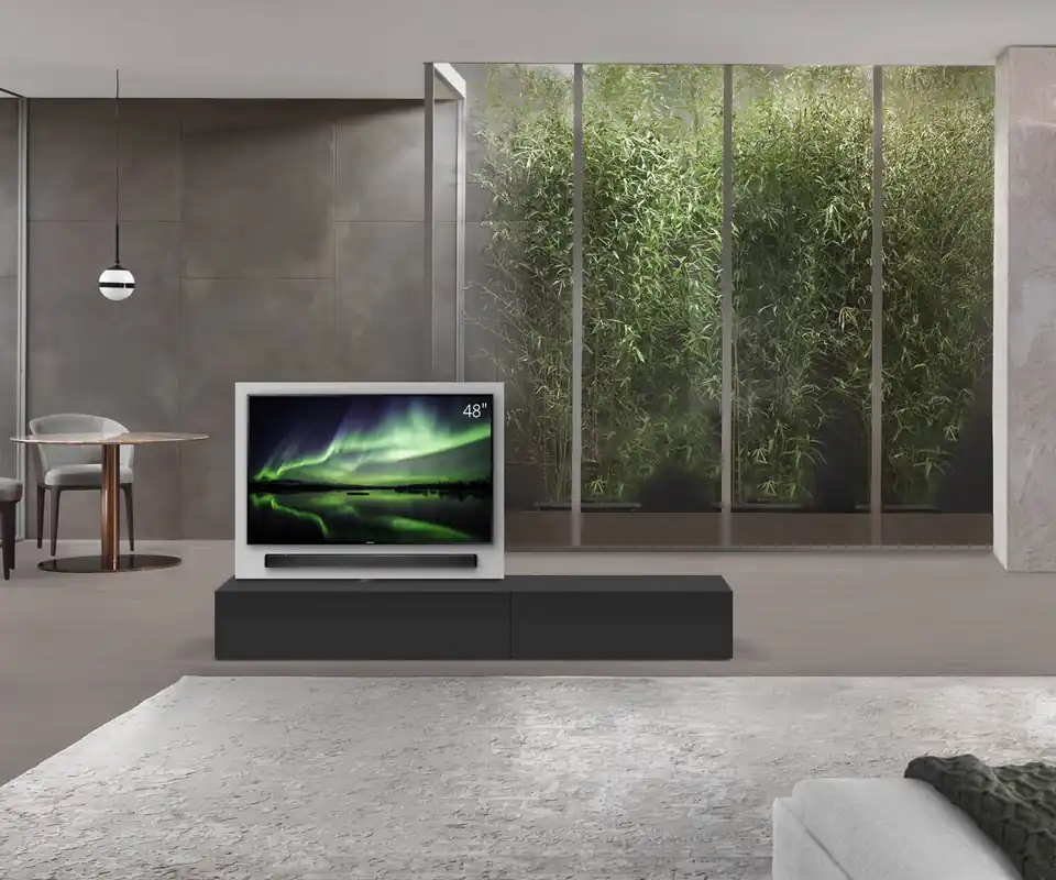 Livitalia Roto lowboard ruimteverdeler met draaibaar TV-paneel-B120-50-H33-T47-NeroM-B90re-oBox Bestel Nu