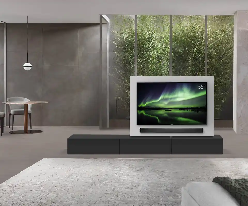 Aanbieding Livitalia Roto lowboard ruimteverdeler met draaibaar TV-paneel-B180-65-H33-T56-NeroM-B90li-oBox