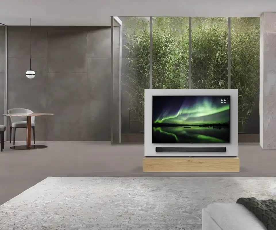 Livitalia Roto lowboard ruimteverdeler met draaibaar TV-paneel-B150-65-H25-T47-EiHe-zonder-oBox Snelle Levering