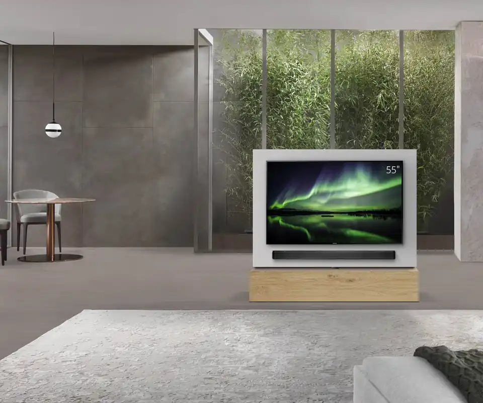 Gereduceerde Prijs Livitalia Roto lowboard ruimteverdeler met draaibaar TV-paneel-B150-65-H33-T47-EiHe-zonder-oBox