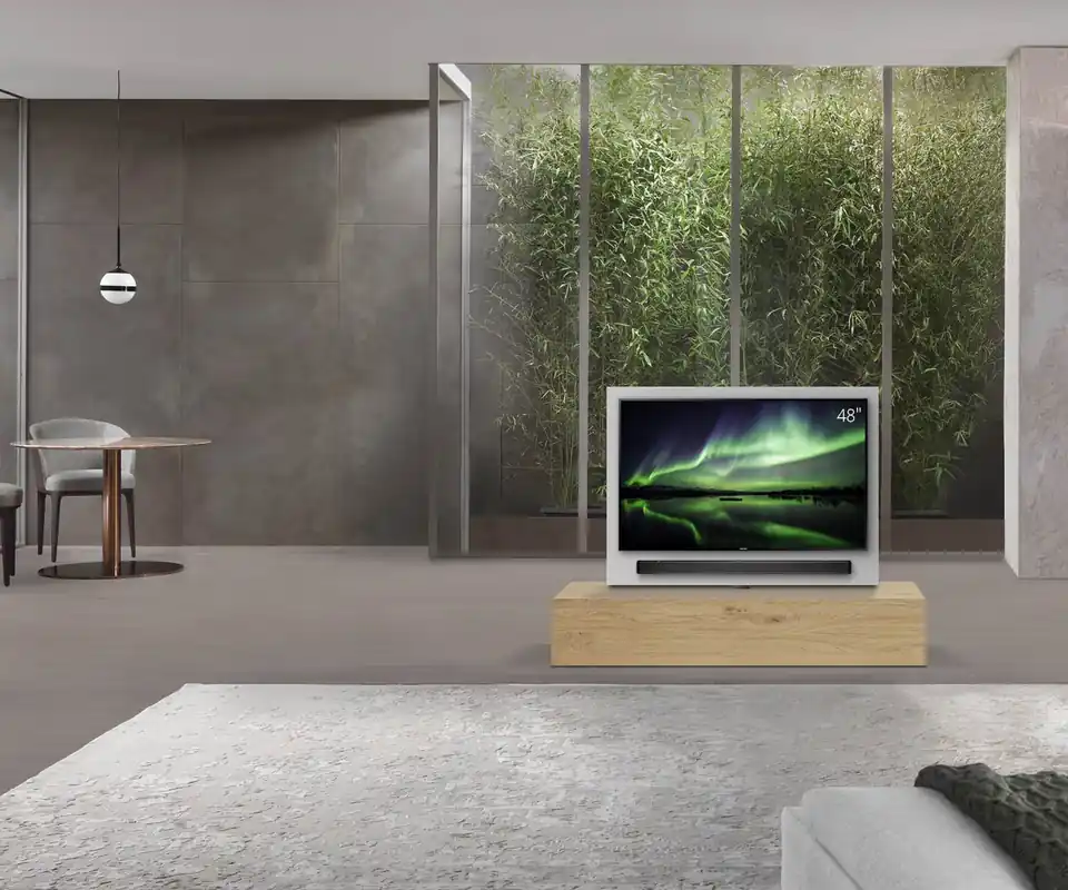 Livitalia Roto lowboard ruimteverdeler met draaibaar TV-paneel-B150-50-H33-T56-EiHe-ohne-oBox Aanbieding