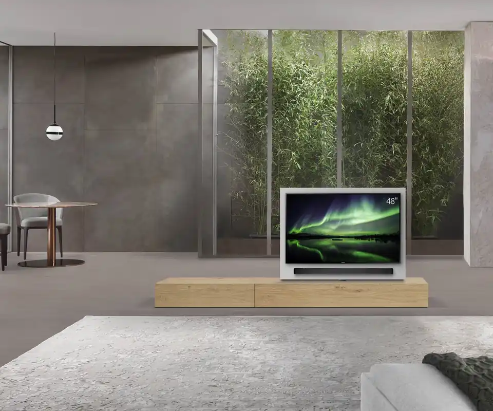 Express Levering Livitalia Roto lowboard ruimteverdeler met draaibaar TV-paneel-B150-50-H25-T47-EiHe-B90li-oBox