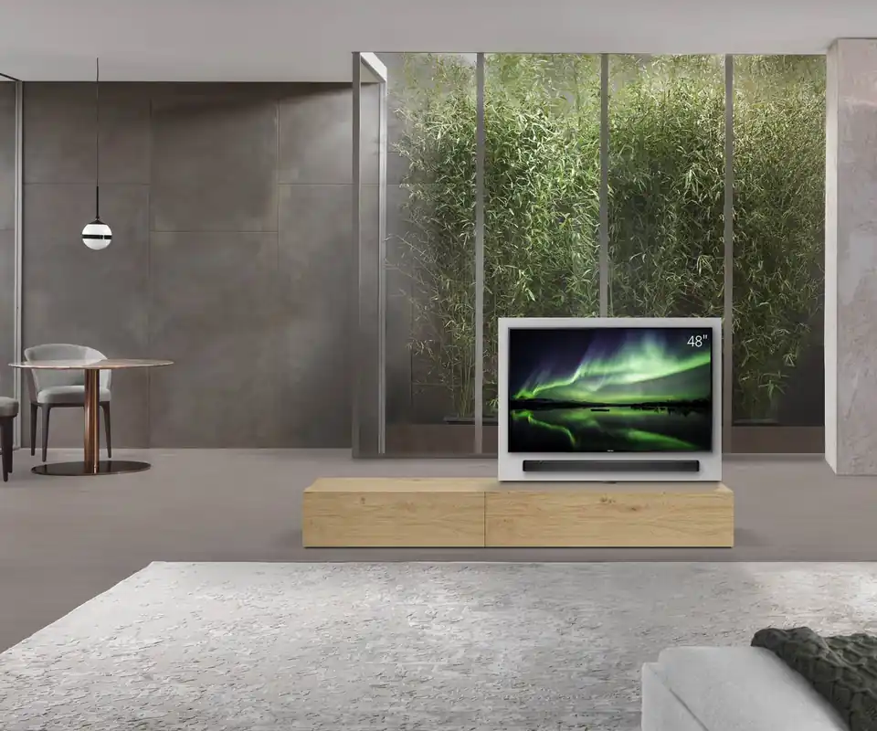 Livitalia Roto lowboard ruimteverdeler met draaibaar TV-paneel-B120-50-H33-T47-EiHe-B90li-oBox Bestseller