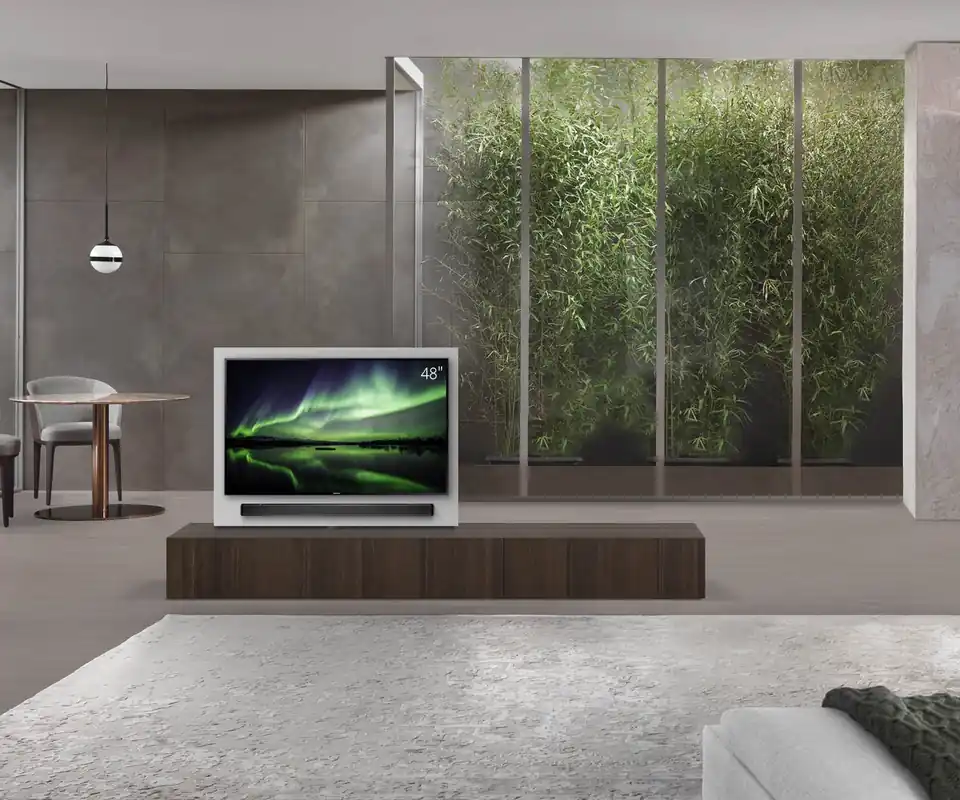 Aanbieding Livitalia Roto lowboard ruimteverdeler met draaibaar TV-paneel-B150-50-H33-T56-EiBr-B90re-oBox