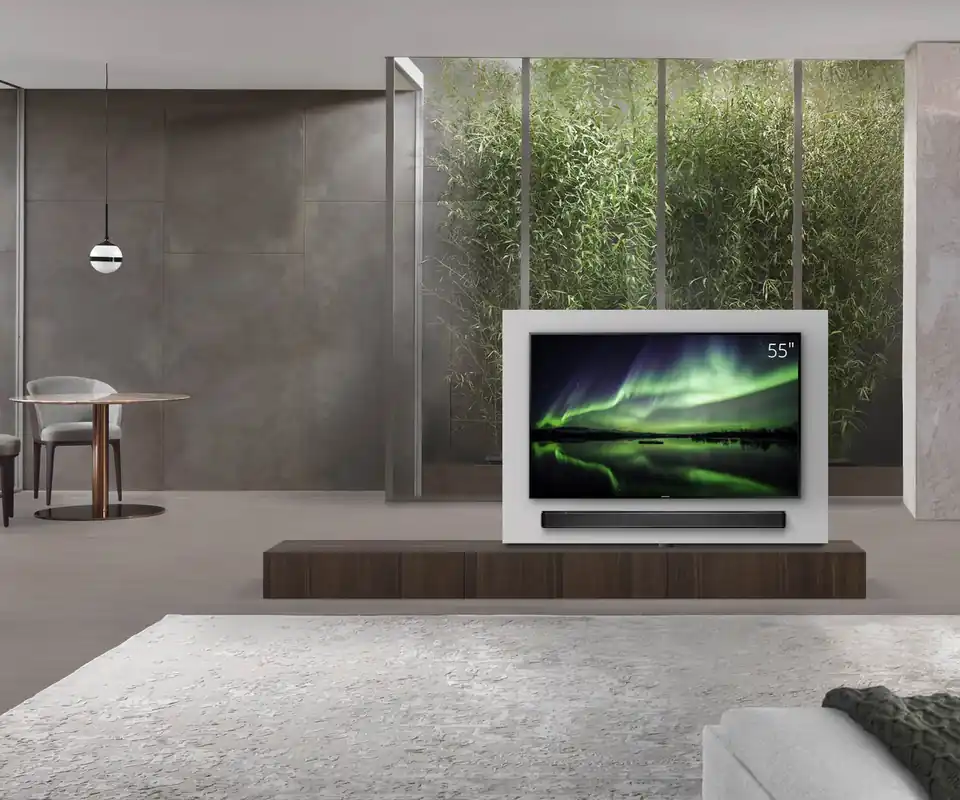 Livitalia Roto lowboard ruimteverdeler met draaibaar TV-paneel-B180-65-H25-T47-EiBr-B90li-oBox Speciale Aanbieding