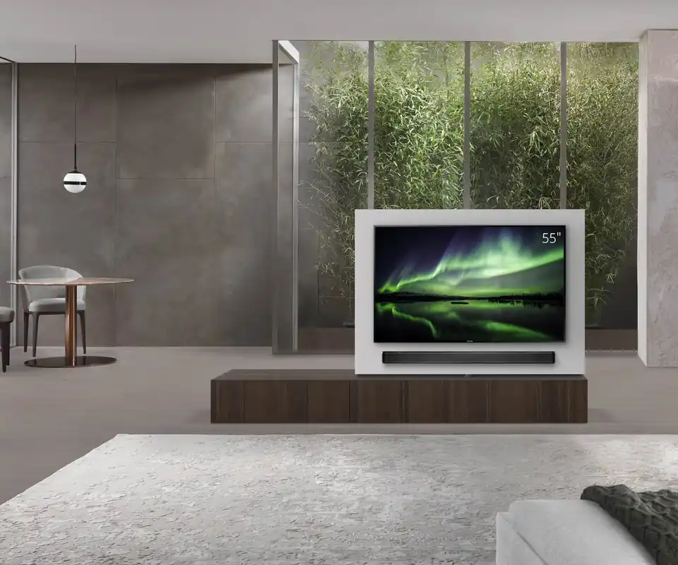 Favoriet Livitalia Roto lowboard ruimteverdeler met draaibaar TV-paneel-B150-65-H33-T47-EiBr-B90li-oBox