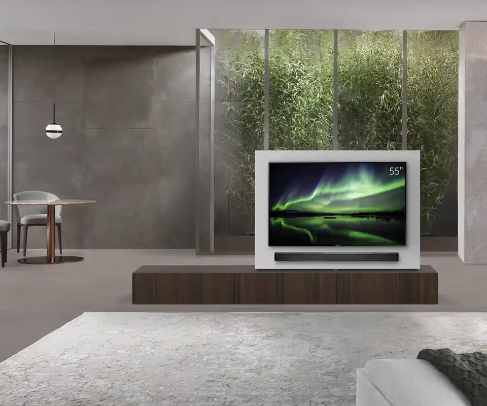 Livitalia Roto lowboard ruimteverdeler met draaibaar TV-paneel-B180-65-H33-T47-EiBr-B90li-oBox Seizoensaanbieding