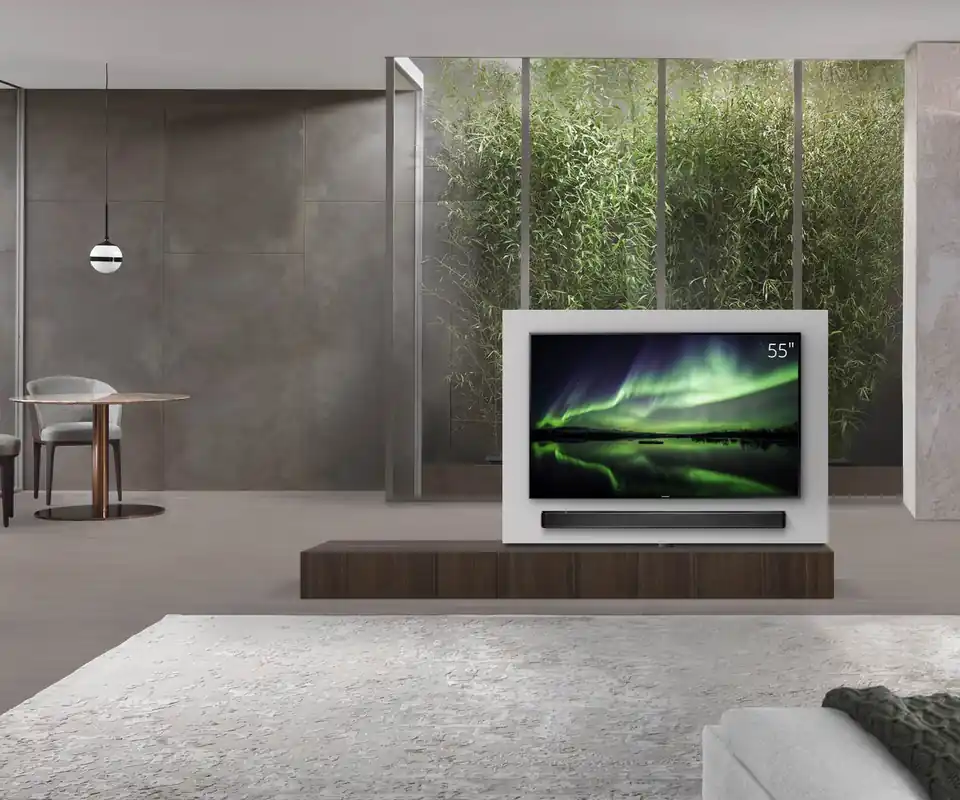 Livitalia Roto lowboard ruimteverdeler met draaibaar TV-paneel-B150-65-H25-T56-EiBr-B90li-oBox Beste Prijs