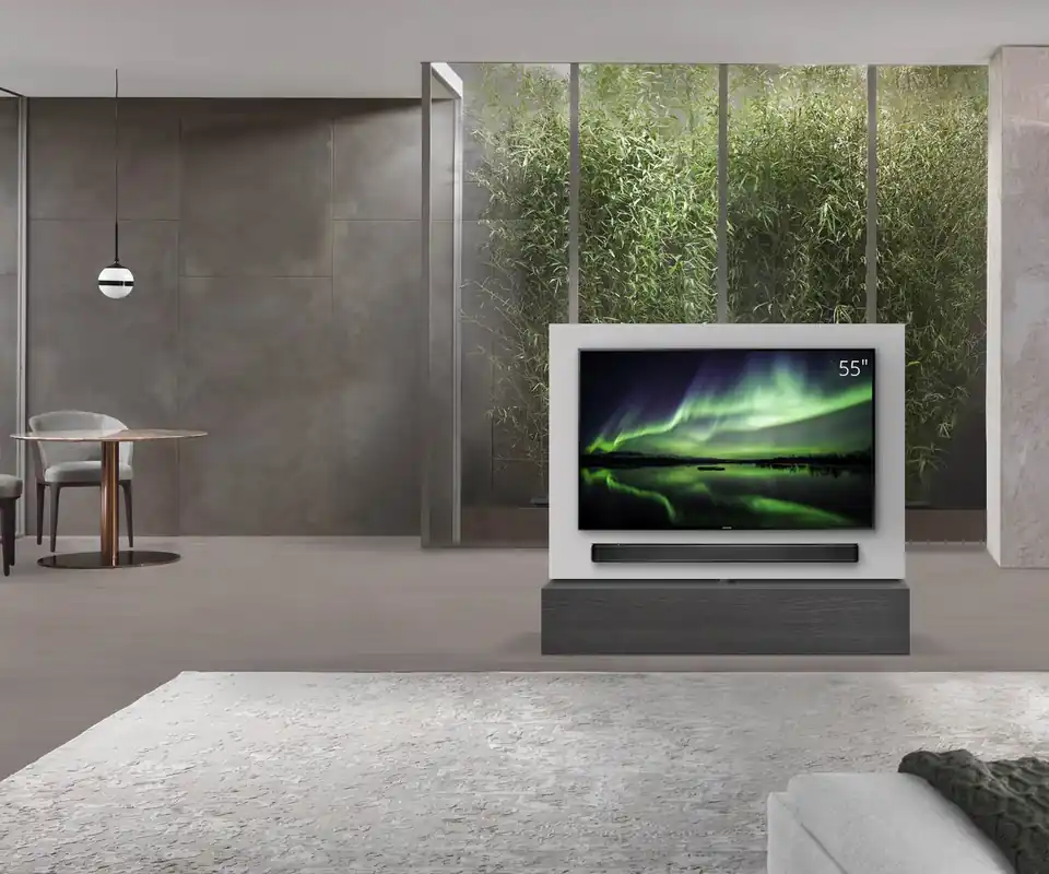 Livitalia Roto lowboard ruimteverdeler met draaibaar TV-paneel-B150-65-H33-T56-EiGr-zonder-oBox Exclusieve Aanbieding