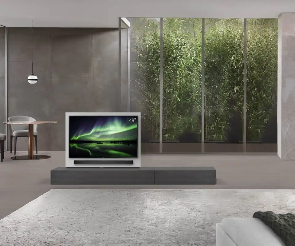 Uitverkoop Livitalia Roto lowboard ruimteverdeler met draaibaar TV-paneel-B150-50-H25-T56-EiGr-B90re-oBox