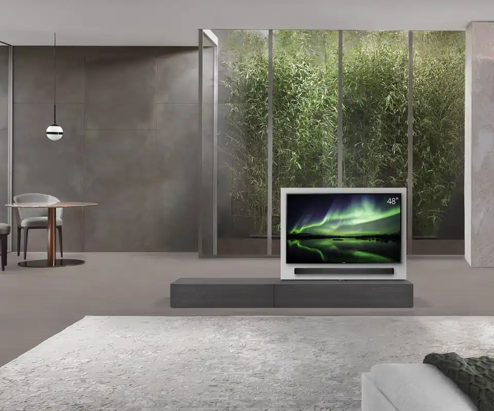 Bestseller Livitalia Roto lowboard ruimteverdeler met draaibaar TV-paneel-B120-50-H25-T47-EiGr-B90li-oBox