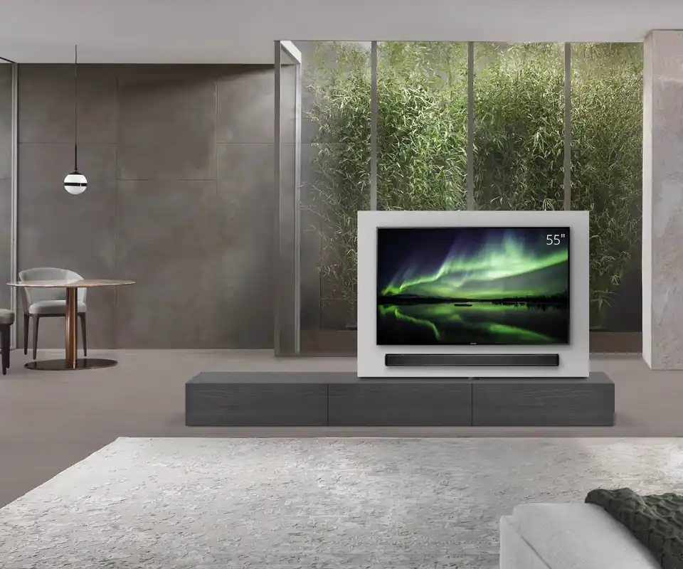 Livitalia Roto lowboard Ruimteverdeler met draaibaar TV-paneel-B180-65-H33-T47-EiGr-B90li-oBox Flitsaanbieding