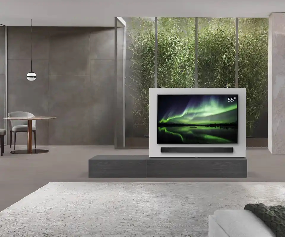 Beperkt Aanbod Livitalia Roto lowboard ruimteverdeler met draaibaar TV-paneel-B150-65-H33-T56-EiGr-B90li-oBox