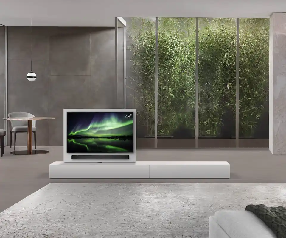 Livitalia Roto lowboard ruimteverdeler met draaibaar TV-paneel-B150-50-H25-T47-ArticoM-B120re-oBox Favoriet
