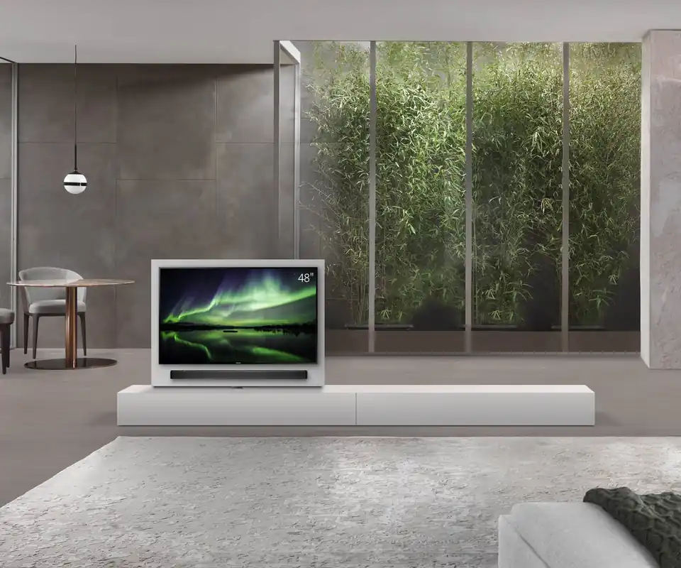 Livitalia Roto lowboard ruimteverdeler met draaibaar TV-paneel-B150-50-H25-T56-ArticoM-B150re-oBox Direct Beschikbaar