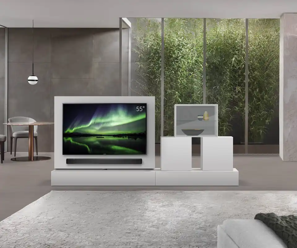 Livitalia Roto lowboard ruimteverdeler met draaibaar TV-paneel-B150-65-H25-T56-ArticoM-B120re-mBox Speciale Aanbieding