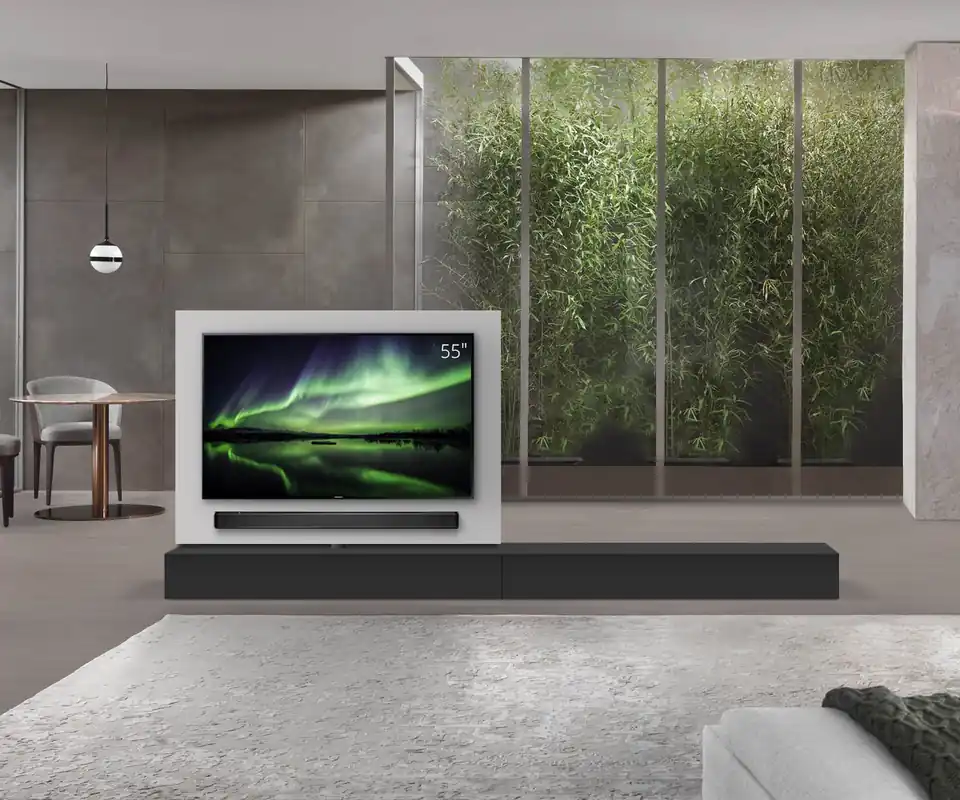 Merkproduct Livitalia Roto lowboard ruimteverdeler met draaibaar TV-paneel-B150-65-H25-T47-NeroM-B150re-oBox