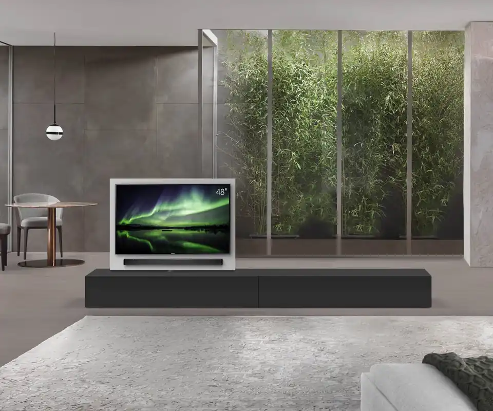 Aanbieding Livitalia Roto lowboard ruimteverdeler met draaibaar TV-paneel-B150-50-H33-T56-NeroM-B150re-oBox