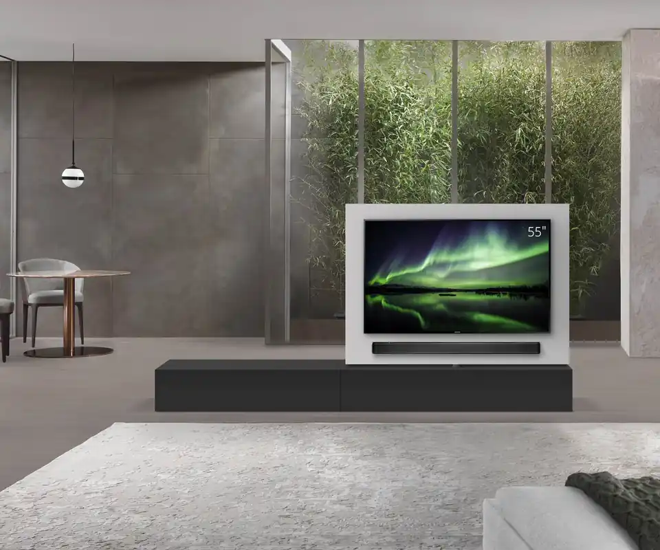 Livitalia Roto lowboard ruimteverdeler met draaibaar TV-paneel-B150-65-H33-T47-NeroM-B120li-oBox Nieuw