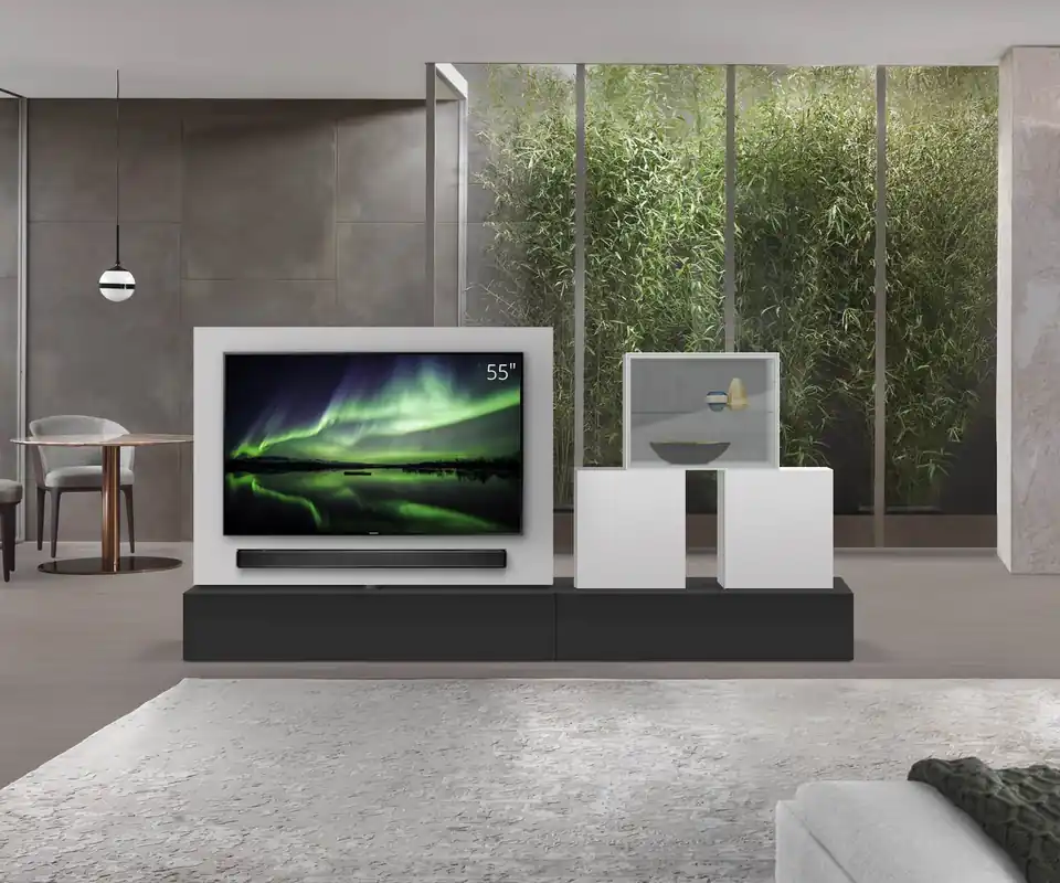 Direct Beschikbaar Livitalia Roto lowboard ruimteverdeler met draaibaar TV-paneel-B150-65-H33-T56-NeroM-B120re-mBox