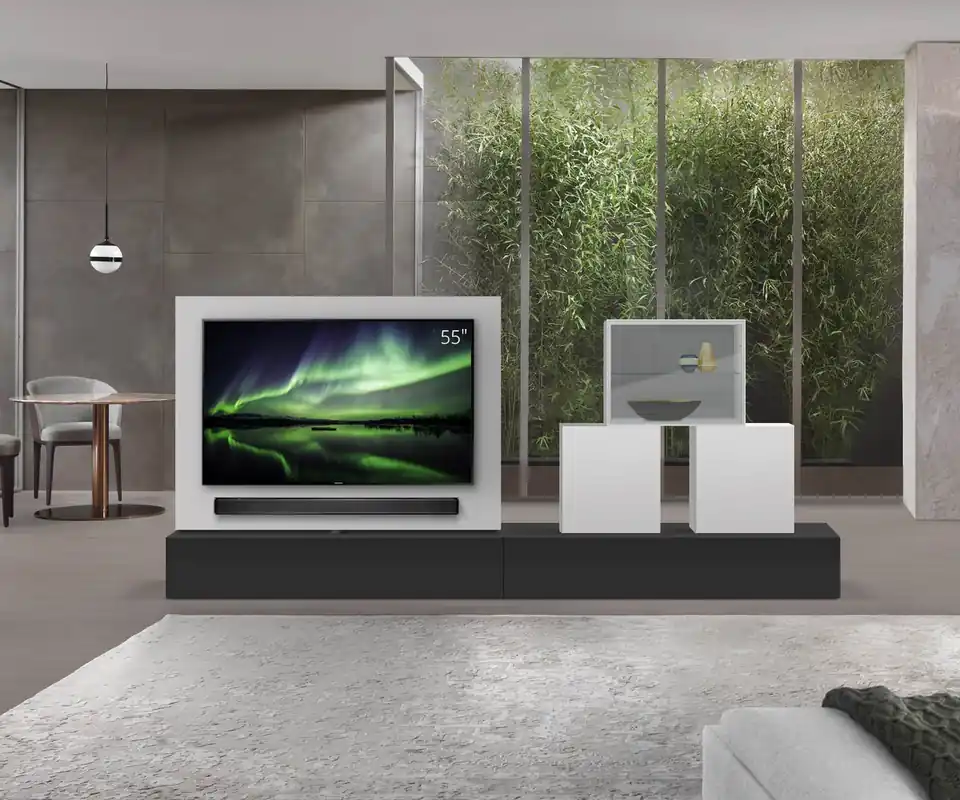 Livitalia Roto lowboard ruimteverdeler met draaibaar TV-paneel-B150-65-H33-T47-NeroM-B150re-mBox Dagaanbieding