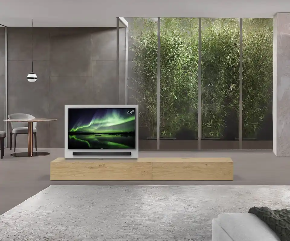 Livitalia Roto lowboard ruimteverdeler met draaibaar TV-paneel-B150-50-H33-T56-EiHe-B120re-oBox Beste Prijs