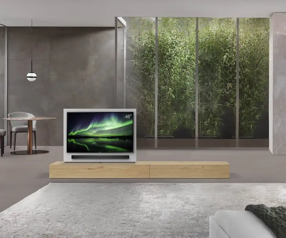 Livitalia Roto lowboard ruimteverdeler met draaibaar TV-paneel-B150-50-H25-T56-EiHe-B120re-oBox Direct Verzonden