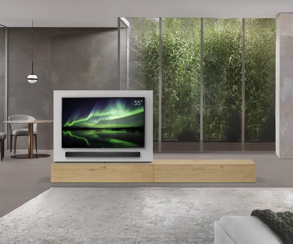 Livitalia Roto lowboard ruimteverdeler met draaibaar TV-paneel-B150-65-H33-T56-EiHe-B150re-oBox Goedkoop