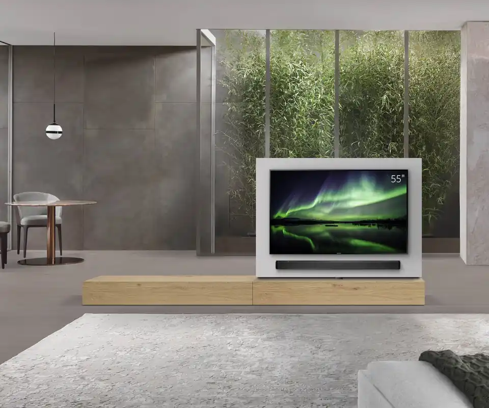 Livitalia Roto lowboard ruimteverdeler met draaibaar TV-paneel-B150-65-H25-T47-EiHe-B150li-oBox Laatste Kans