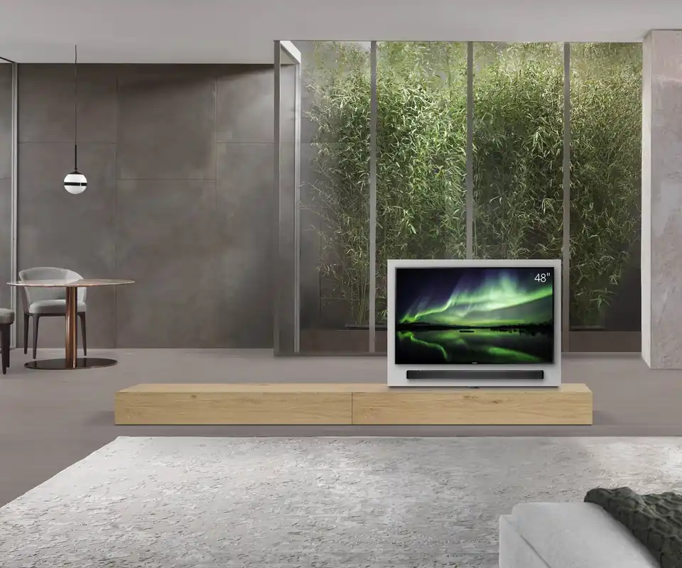 Livitalia Roto lowboard ruimteverdeler met draaibaar TV-paneel-B150-50-H25-T56-EiHe-B150li-oBox Fabrieksprijs