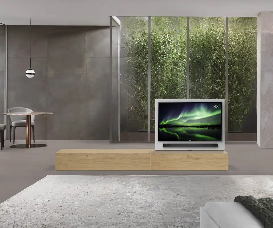 Tijdelijk Beschikbaar Livitalia Roto lowboard ruimteverdeler met draaibaar TV-paneel-B120-50-H33-T56-EiHe-B150li-oBox