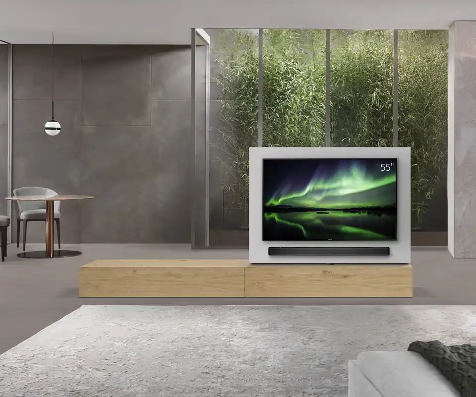 Fabrieksprijs Livitalia Roto lowboard ruimteverdeler met draaibaar TV-paneel-B150-65-H33-T56-EiHe-B150li-oBox