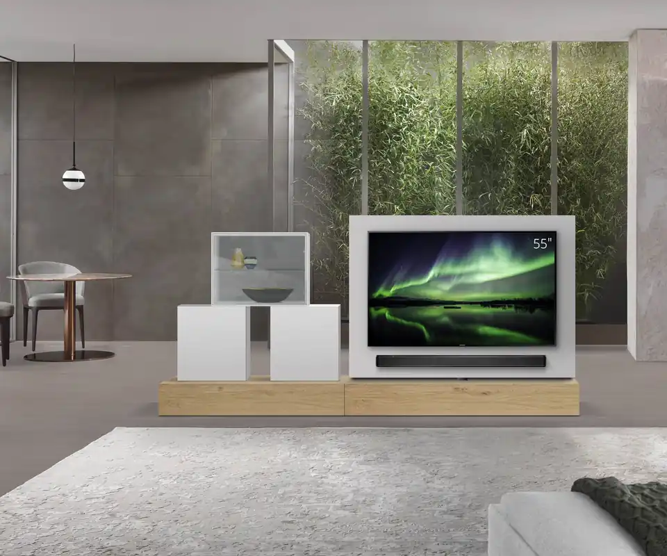 Populair Livitalia Roto lowboard ruimteverdeler met draaibaar TV-paneel-B150-65-H25-T47-EiHe-B120li-mBox