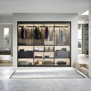 Novamobili Linnenkast Breedte B 242,5 cm 2 schuifdeuren (binnenbreedte 2 x 117,5 cm) Kleur corpus Zwart mat nero (vergelijkbaar met RAL9017) Glasuitvoering Grijs getint Hoogte H 242 cm Binnenkleur Oxford grijs Betrouwbaar