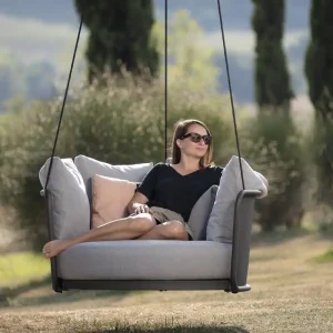 Weekendaanbieding Todus Baza Round Swing hangstoel Kleur sierkussen set van 3 40x40 Grijs 435 Frame kleur Wit 110 Stoffen bekleding zitkussen/rugkussen kleur Antraciet 445 Optionele regenhoes met regenhoes