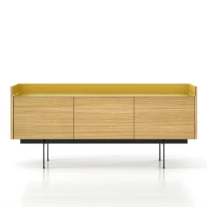 Aanbieding Punt Dressoir Stockholm Uitvoering B 179,8 cm / H 51 cm / D 46 cm + pootjes H 29 cm met 3 deuren Super Mat Eiken Kleur bovenpaneel Aluminium Goud