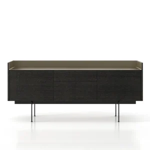Beste Prijs Punt Design dressoir Stockholm B 179,8 cm / H 51 cm / D 46 cm + poten H 29 cm met 2 deuren + 2 laden donkergrijs gebeitst eiken Kleur bovenpaneel aluminium brons
