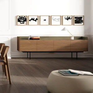 Weekendaanbieding Punt Dressoir Stockholm Uitvoering B 238 cm / H 51 cm / D 46 cm + pootjes H 6 cm met 4 deuren Donkergrijs gebeitst eiken Kleur bovenpaneel Aluminium Goud