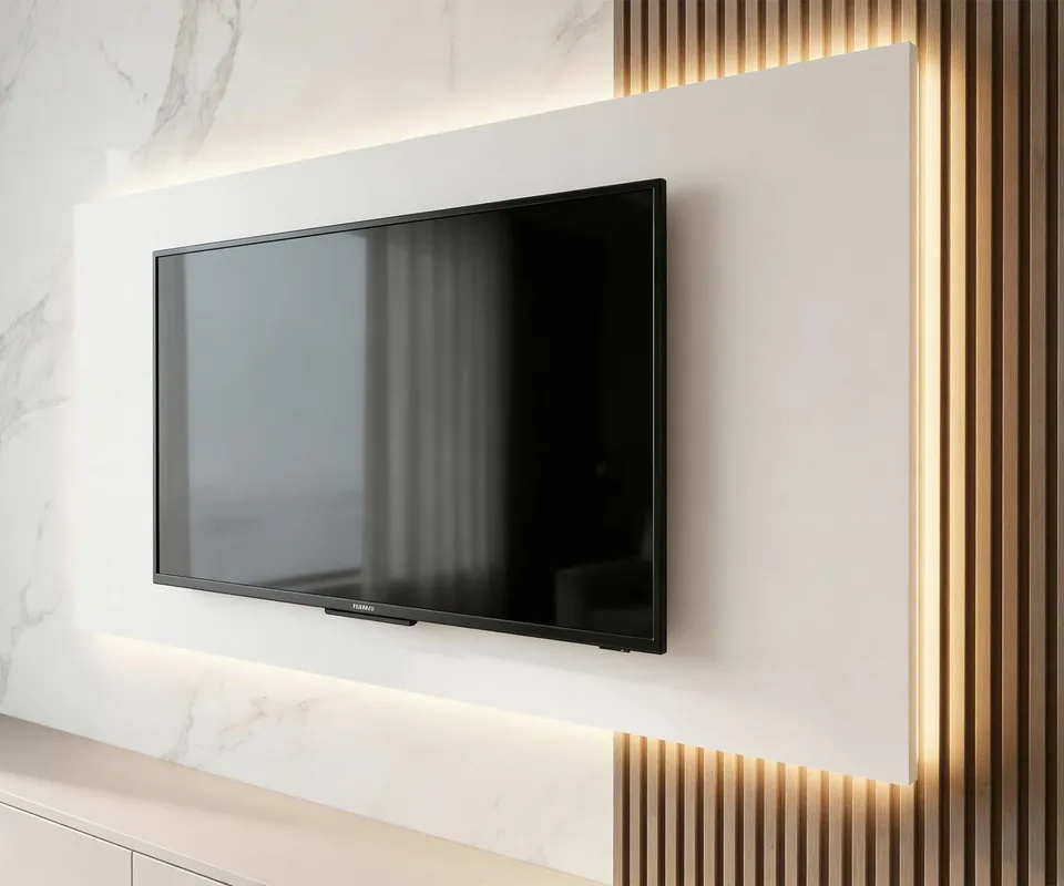 Actieprijs Livitalia Kleur TV-wandpaneel Wit mat (vergelijkbaar met RAL9016) Afmeting B 150 cm / H 120 cm LED-verlichting LED-verlichting