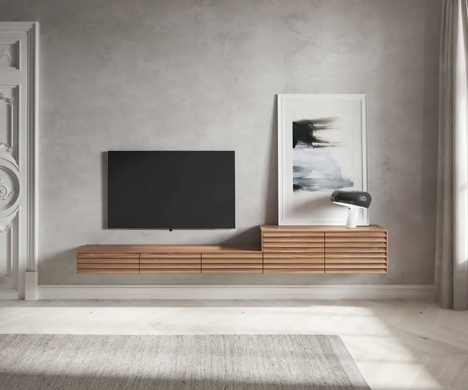Beperkt Aanbod Punt Sussex Configurator Versie B 177,5 cm / H 62 cm / D 47 cm 2 deuren + 1 deur rechts open 3 laden naast elkaar Super Mat Notenhout Selectie vloerstaand Basis H 6 cm