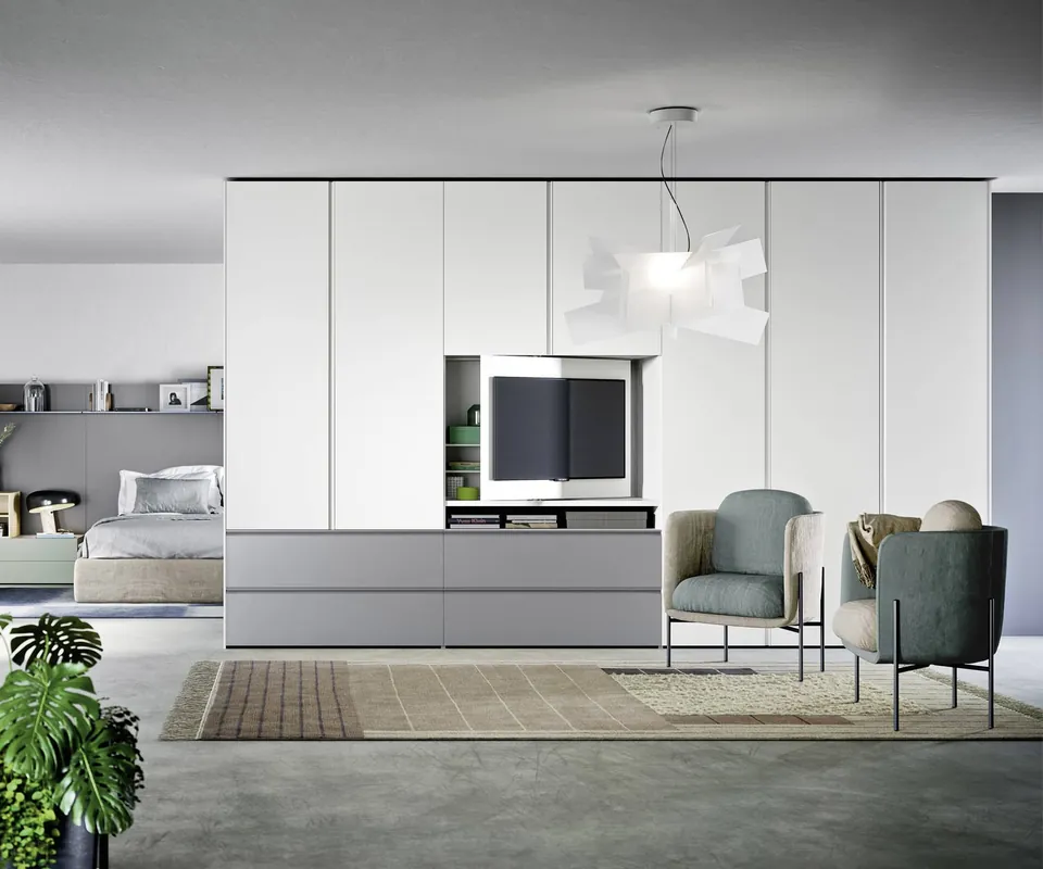 Aanbieding Novamobili Gola kledingkast TV-vak Breedte zonder TV-module B 402,5 cm 8 deuren Kleur kledingkast Wit mat - 300 Bianco (vergelijkbaar met RAL9016) Kleur TV-module als kledingkast Hoogte H 258 cm TV-module zonder
