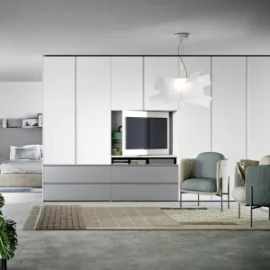 Weekendaanbieding Novamobili Gola kledingkast TV-vak Breedte zonder TV-module B 402,5 cm 8 deuren Kleur kledingkast Lichtgrijs mat - 330 Grigio (zoals RAL7035) Kleur TV-module Bovenkant zoals kledingkast - Onderkant zwart mat (zoals RAL9017) Hoogte H 242 cm TV-module z