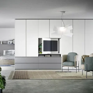 Aanbieding Novamobili Gola kledingkast TV-vak Breedte zonder TV-module B 302,5 cm 6 deuren Kleur kledingkast Lichtgrijs mat - 330 Grigio (zoals RAL7035) Kleur TV-module Bovenkant zoals kledingkast - Onderkant wit mat (zoals RAL9016) Hoogte H 226 cm TV-module zond