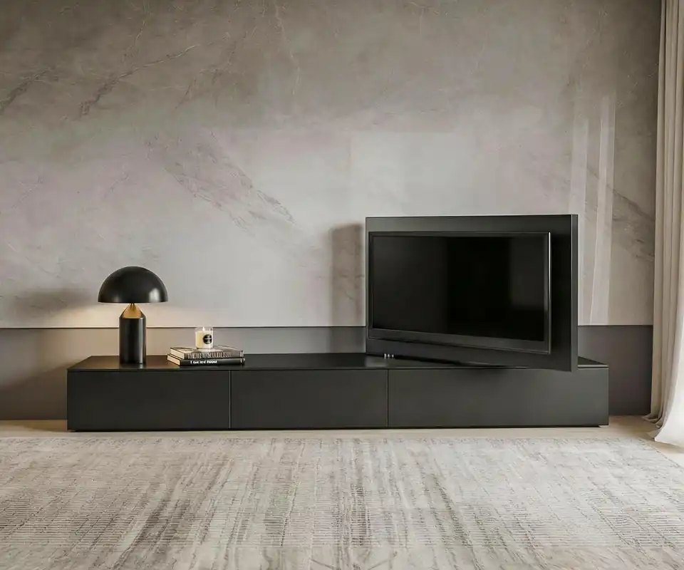 Aanbieding Livitalia Vision lowboard met 90° zwenkbaar TV-paneel Breedte B 120 cm Vision Verlengde breedte + 90 cm scharnierend deurelement links Kleur lowboard Eikentint (zoals afbeelding) Zwenkrichting naar links Diepte T 45 cm