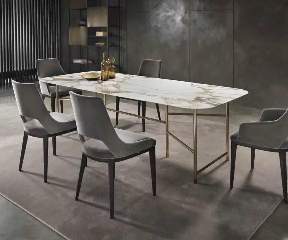 Weekendaanbieding Marelli Marmeren eettafel Kyoto B 220 x 110 H 74 cm Carrara marmer Kleur wit Frame chroom met polyester coating