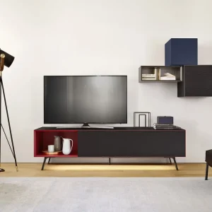 Aanbieding Livitalia Minimaal lowboard-ontwerp B 210 cm / H 52,5 cm / D45,2 cm staand op de vloer Kleur binnenkant (open vak) Lichtgrijs mat (vergelijkbaar met RAL 7044) LED-verlichting voor plint Zonder Open vak Open vak rechts