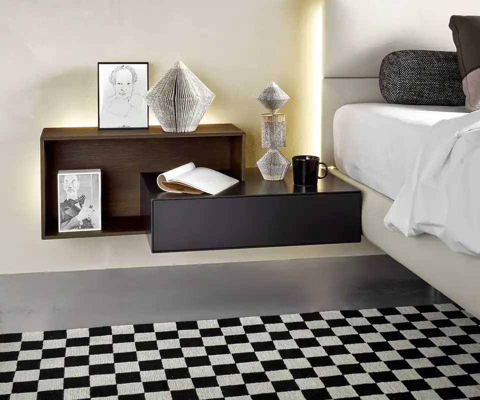 Direct Verzonden Livitalia Ecletto nachtkastje 1 lade Uitvoering Hangend Breedte 45 cm Breed Kleur corpus & front Lichtgrijs mat (vergelijkbaar met RAL 7044) Legplank met legplank rechts B 60 cm / H 30 cm Eiken bruin