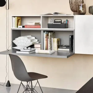 Express Levering Livitalia Cartesio wandmeubel met bureau design B 150 cm / H 40 cm / 38,9 cm Kleuren Eiken grijs Optionele LED verlichting zonder Optionele accessoires met T-module links en rechts