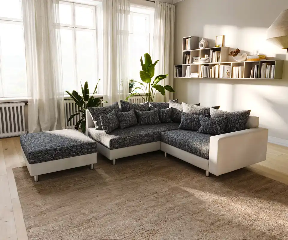 Koop Online Hoekbank Clovis wit zwart met armleuning en hocker ottomane links